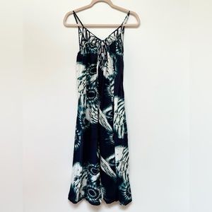 ANTHROPOLOGIE Drama Beach Midi Dress Flowy Boho Blue/White Strappy Cutout XXS